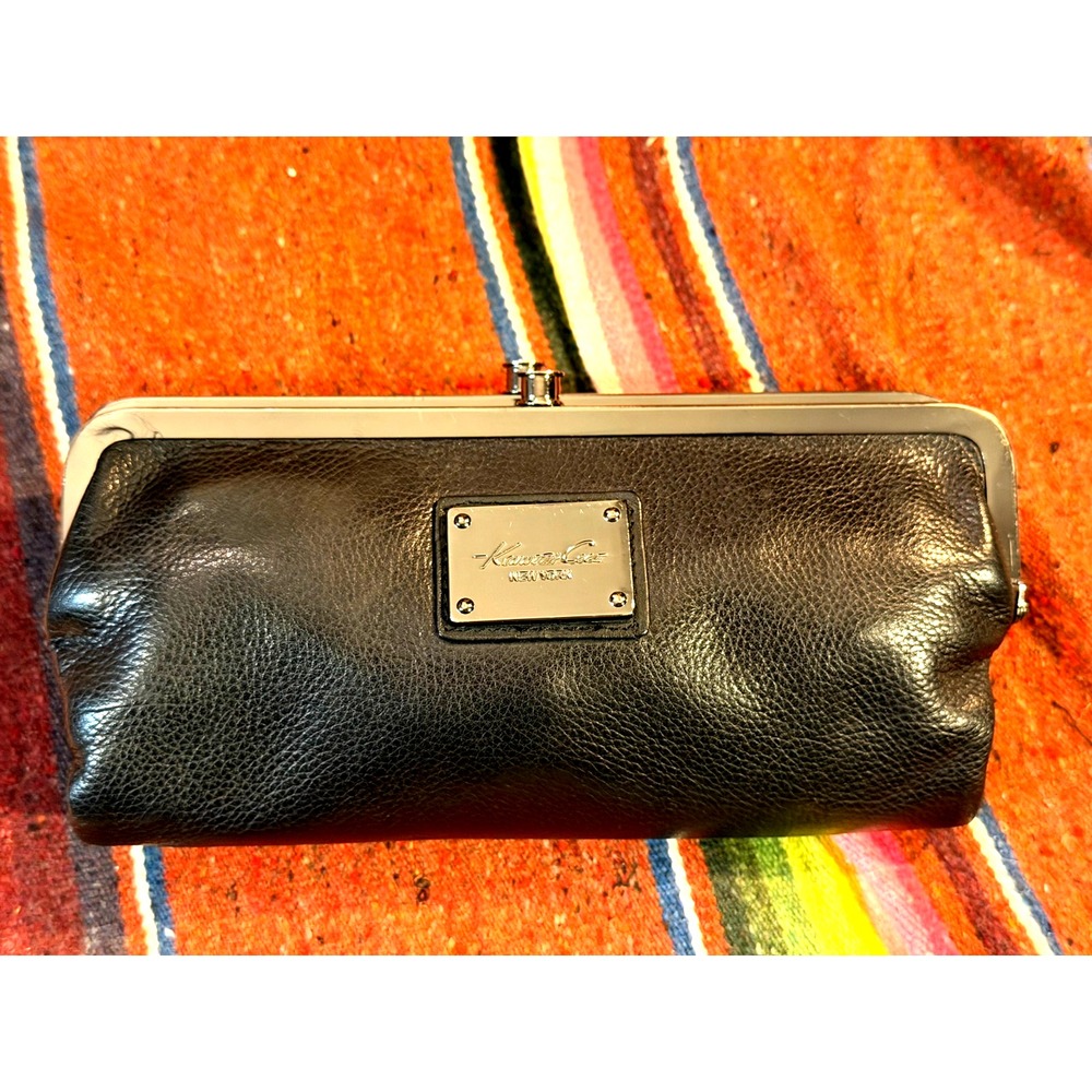 KENNETH COLE New York Black Leather Bifold Double Frame Wallet Clutch Organizer